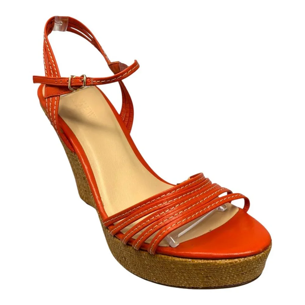 J. Crew Bette Orange Leather‎ Made in Italy Raffia High Wedge Sandals